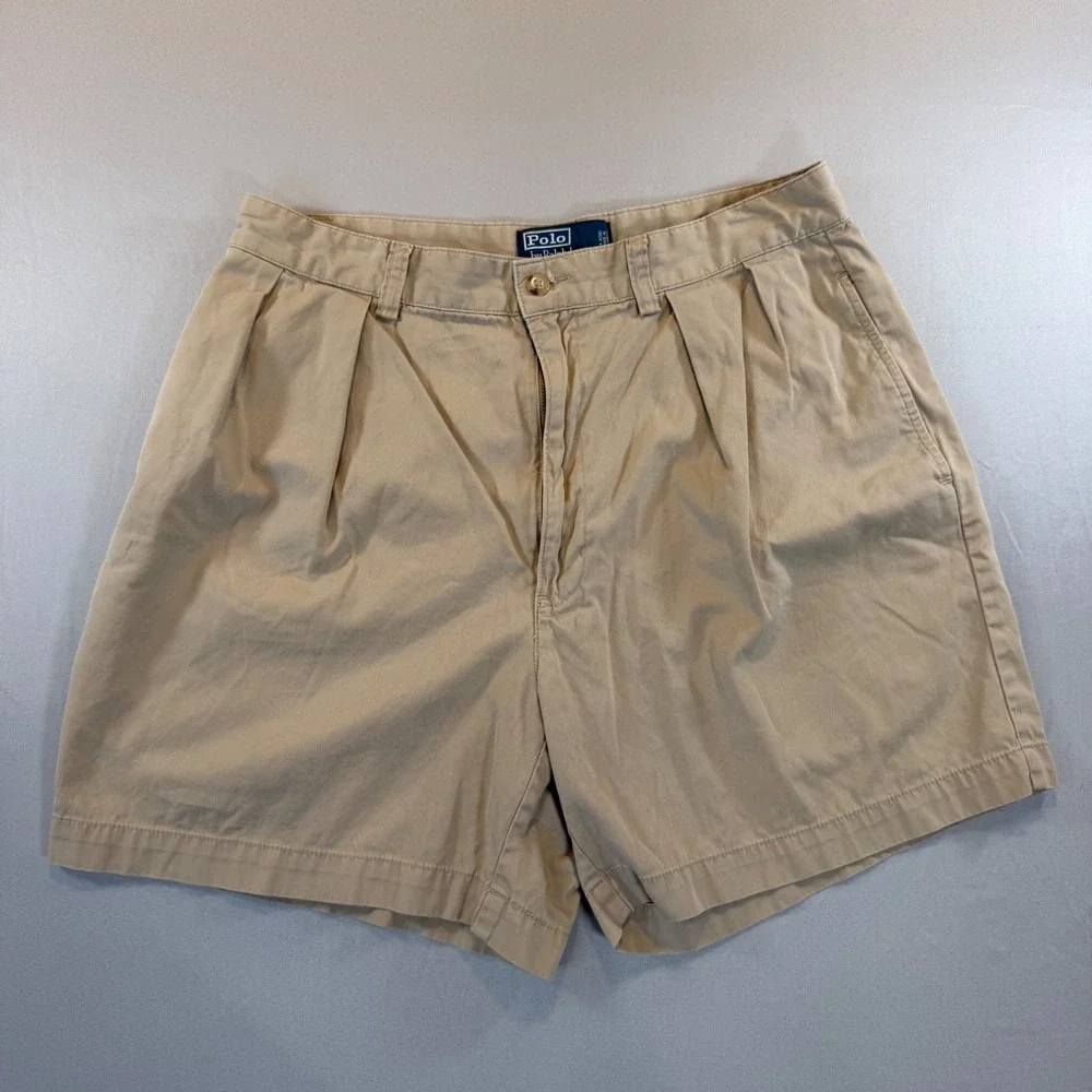 Polo Ralph Lauren Andrew Short Mens 33 Tan Khaki Pleated Cotton Chino Shorts